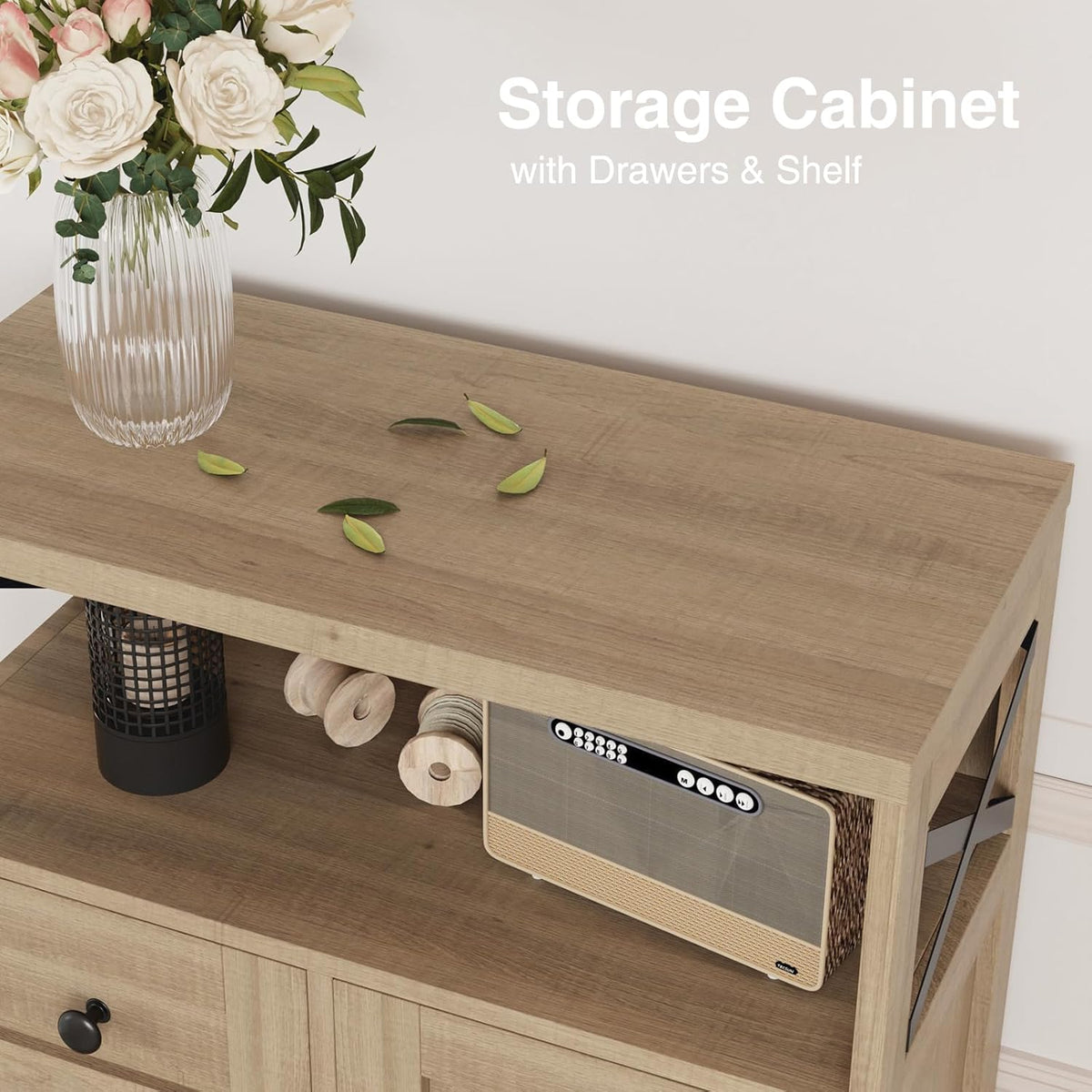 FiveWillowise Natural Storage Cabinet with Doors and Shelves, Standing Kitchen Pantry Cabinet, Floor Storage Hutch Cupboard, Coffee Bar Station for Dining, Living Room, Home Office
