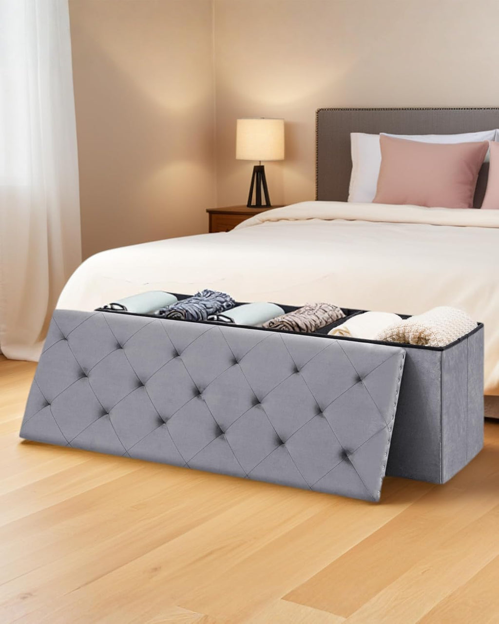 Velvet Storage Ottoman Bench, 43.3" Upholstered Tufted Ottoman with Storage, Folding Footrest Bench for Bedroom, Living Room, or Entryway, Grey