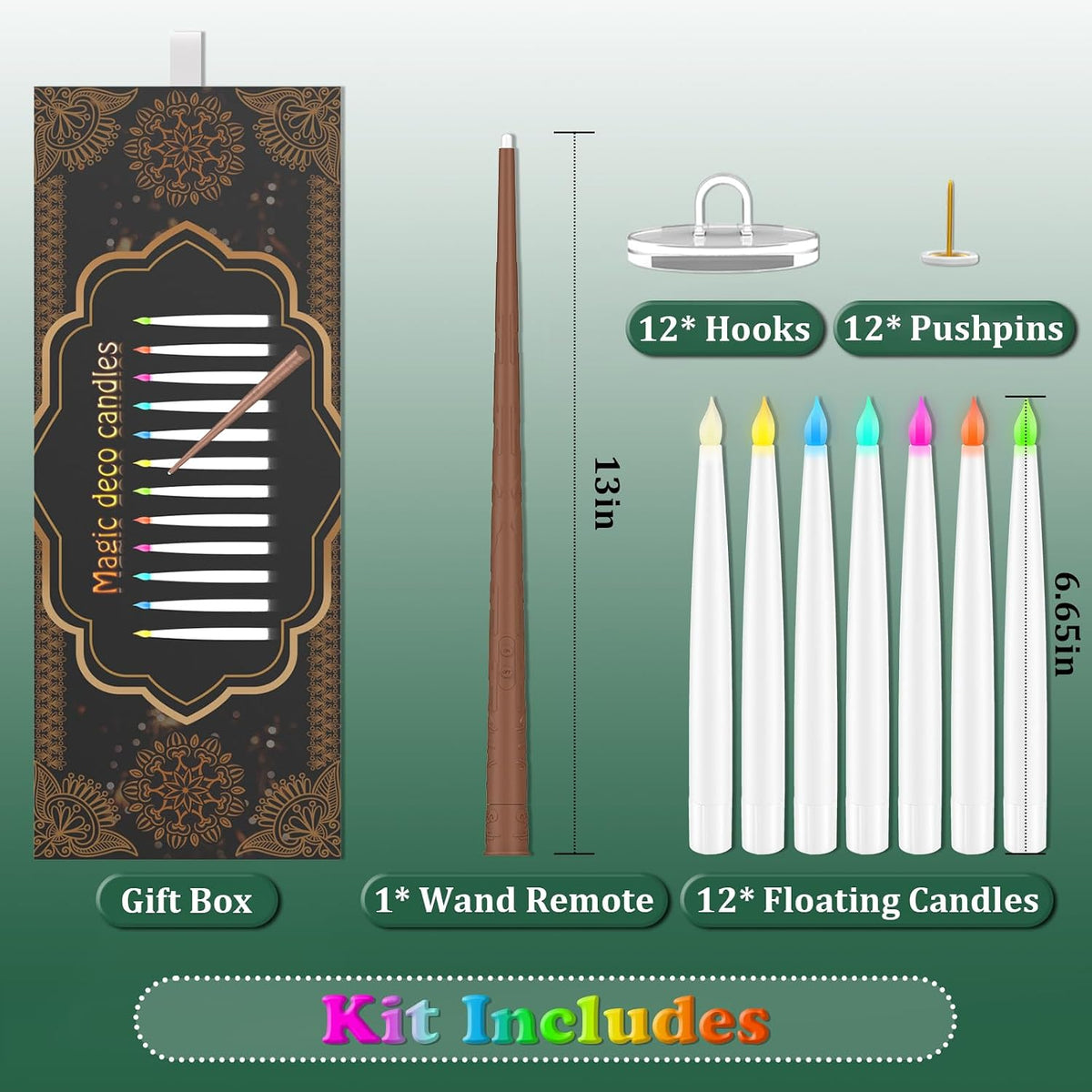 Color Changing Floating Candles with Magic Wand Remote, Holiday Decorations Magical Hanging Candles, 12Pcs Flameless Taper Candle with Multi-Color Battery Operated Window Candles for Party Theme Decor