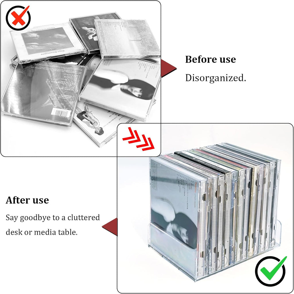 Philbinden 2 Pcs Clear Acrylic CD Holder, DVD/CD Display Rack & CD Storage Box & Vinyl Record Storage Stand Holds up to 14 Standard CD Cases for Media Shelf Storage and Organization