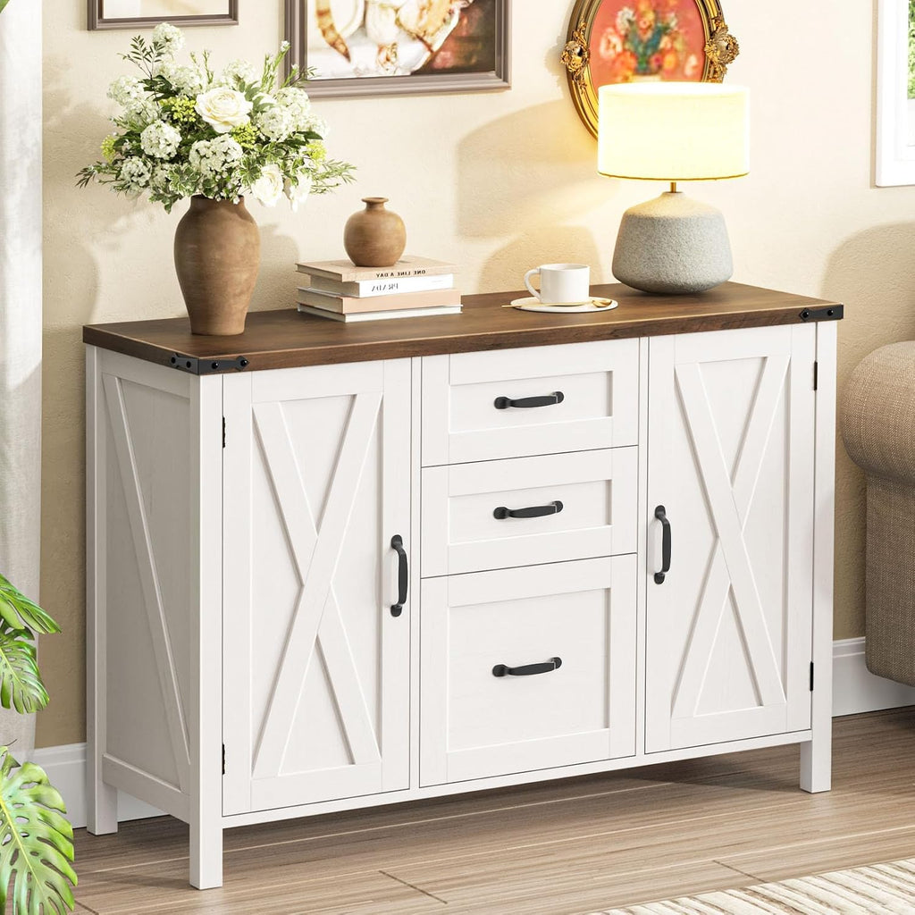 Vabches File Cabinet with 3 Drawers Fits Files Letter/A4 Size, Rustic White | Farmhouse Lateral File Cabinet, Wooden Filing Cabinet with Door and Adjustable Shelves Printer Stand for Home Office