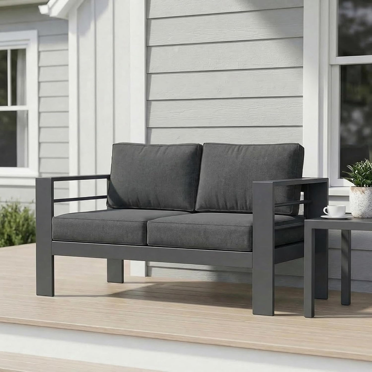 Wisteria Lane Metal Patio Furniture Sofa, All-Weather Outdoor Couch with Upgraded Cushions, Weather-Resistant Heavy Duty Modern Outdoor 2 Seats Sofa for Garden, Balcony, Deck, Backyard, Dark Grey