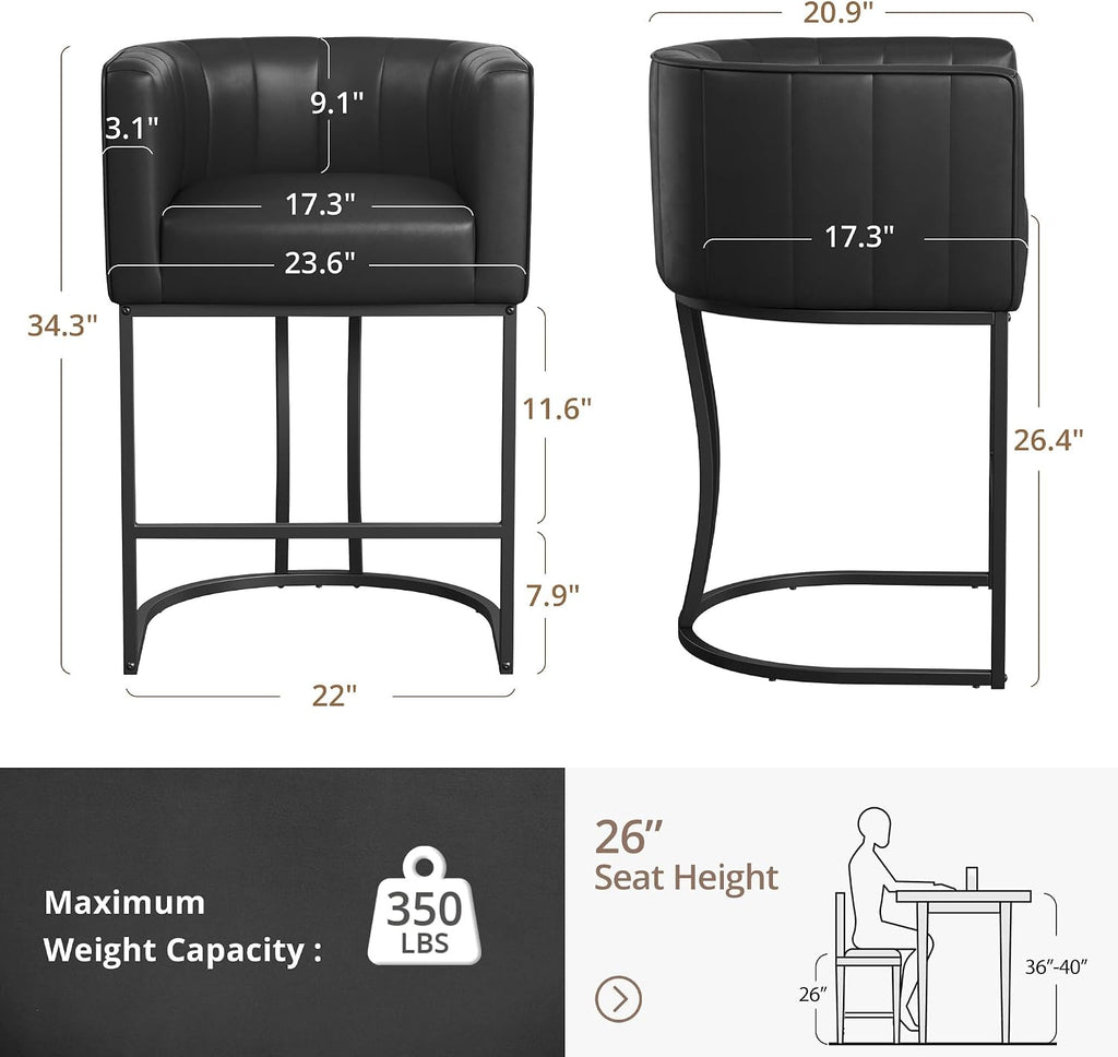 LUE BONA 26.4" H Counter Height Bar Stools Set of 2, Modern Barrel Counter Stools with Supporting Backrest and Arms, Black Metal Frame, Faux Leather Upholstered Barstools for Kitchen Islands, Black