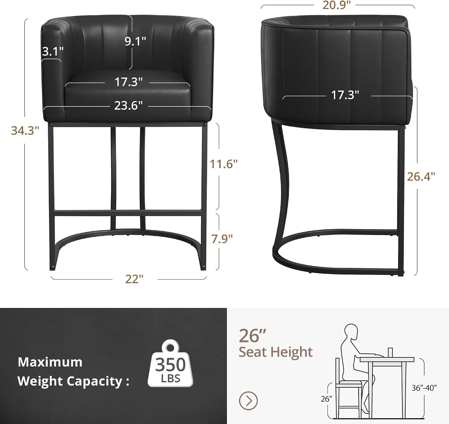 LUE BONA 26.4" H Counter Height Bar Stools Set of 2, Modern Barrel Counter Stools with Supporting Backrest and Arms, Black Metal Frame, Faux Leather Upholstered Barstools for Kitchen Islands, Black