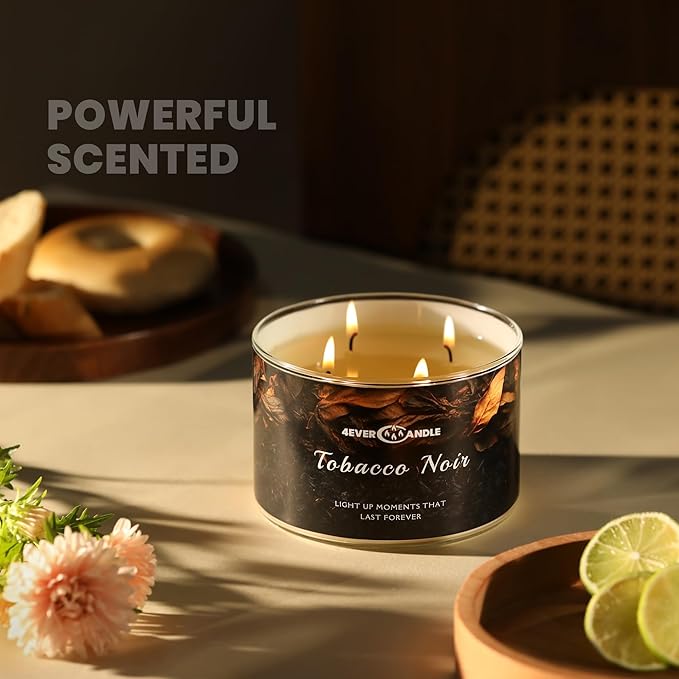Over 50 Hours Jar Candle - 4-Wick Long-Lasting Scented Candles, 18oz Natural Soy Wax Candle for Home, Candle Gifts for Women & Men, Tobacco Noir