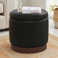 19" Round Swivel Storage Ottoman with Tray Top, Upholstered Faux Leather Foot Stool with Solid Acacia Wood Base 500 lbs Modern Accent Footrest for Living Room & Bedroom Fully Assembled Black