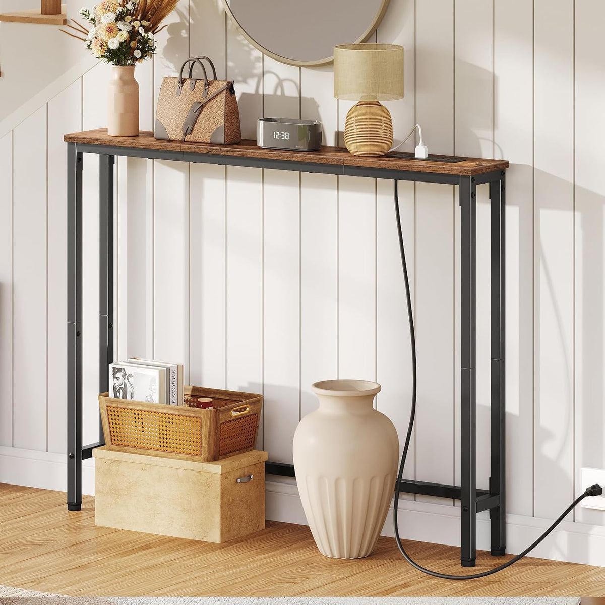 HOOBRO 39.4 Inch Narrow Console Table with Power Outlets, 5.9 Inch Sofa Table with Storage, Skinny Behind Couch Table, for Entryway Hallway, Small Spaces, Rustic Brown and Black BF52UXG01G1
