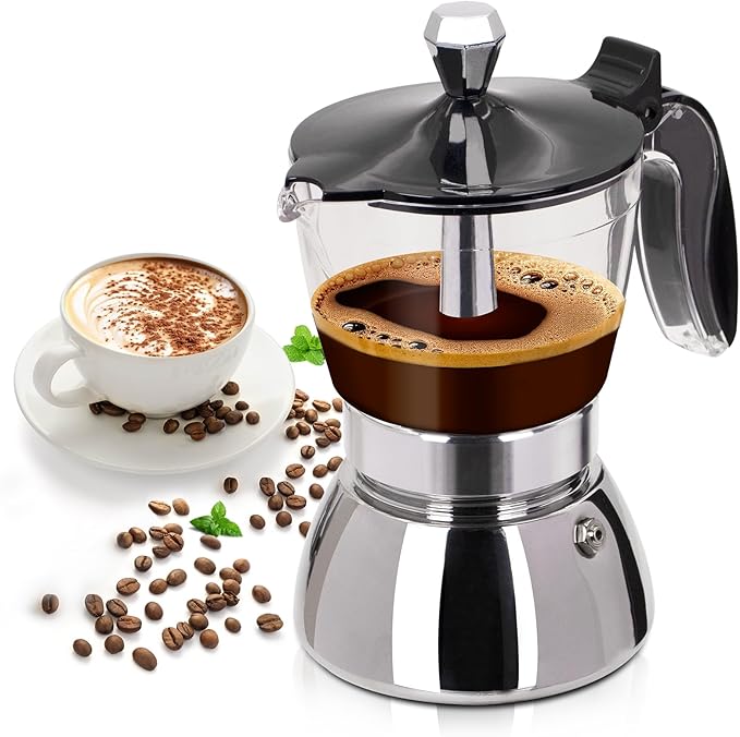 Clear Plastic Moka Pot 6 Cup 300ml Stainless Steel Coffee Maker Uncoated Stovetop Espresso Coffeemaker Italian Classic Style Brewing Greca Cafe Mocha Machine for Cafeteras Camping Travel Home Use