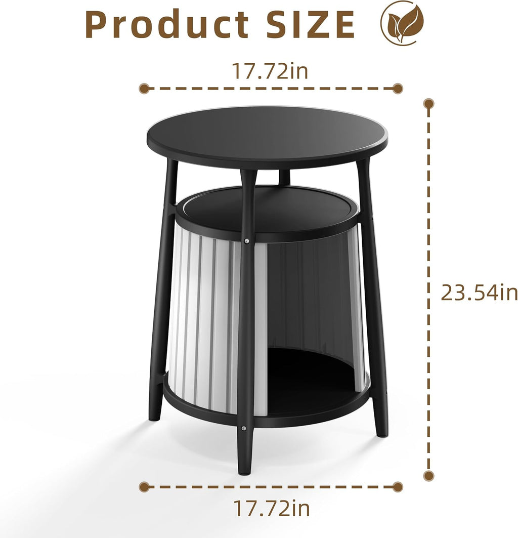ROJIK End Table with Storage, Round Side Table for Indoor Outdoor Use, All-Weather Resin Accent Table for Small Spaces, Bathroom, Living Room, Bedside Table (Black)