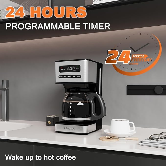 12-Cup Programmable Coffee Maker, Regular & Strong Brew Drip Coffee Machine, 1-4 Cup and Ice Coffee Setting, 24H Timer, Auto Shut-Off, Keep Warm, Pause & Serve