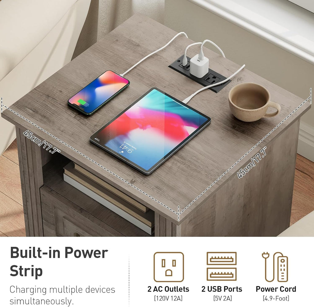 RALGEND Farmhouse Nightstand with Charging Station, Night Stand with 2 Drawers, End Tables Living Room, LED Bed Side Table with Open Shelf, End Table for Bedroom, Living Room, Greige