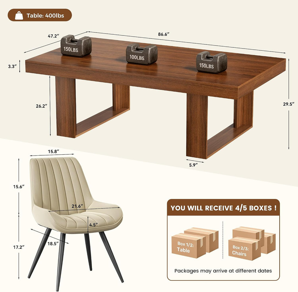 Miereirl 9-Piece Modern Farmhouse Dining Table Set, 86.6" x 47.2" Sturdy Stable Dining Table with 8 Chairs, Rectangular Kitchen Table Set for 8,(Walnut Table+8 Beige Chairs)