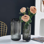 Flower Vase 9.5 inch Grey Thickened Hand Blow Glass Vase Round Vintage Striped Bottles for Bookshelf,Dinner Table,Indoor Office Desktop,Meeting Room,Bathroom,Countertop,Home