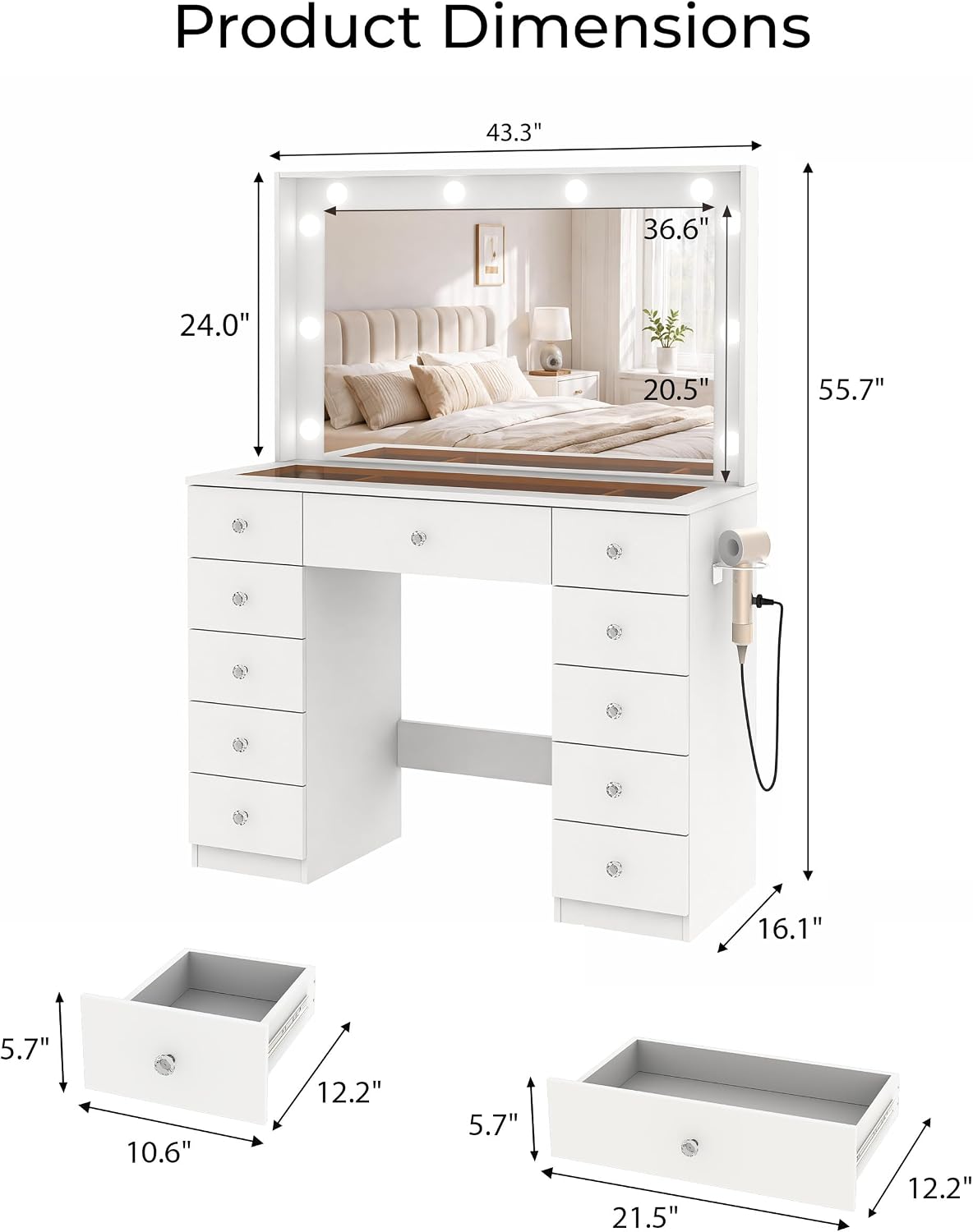 Otterease White Makeup Vanity with Mirror and Lights,11 Drawers & Glass Top | Vanity Desk Table with Charging Station and 10 LED Bulbs, Hair Dryer Holder, for Bedroom