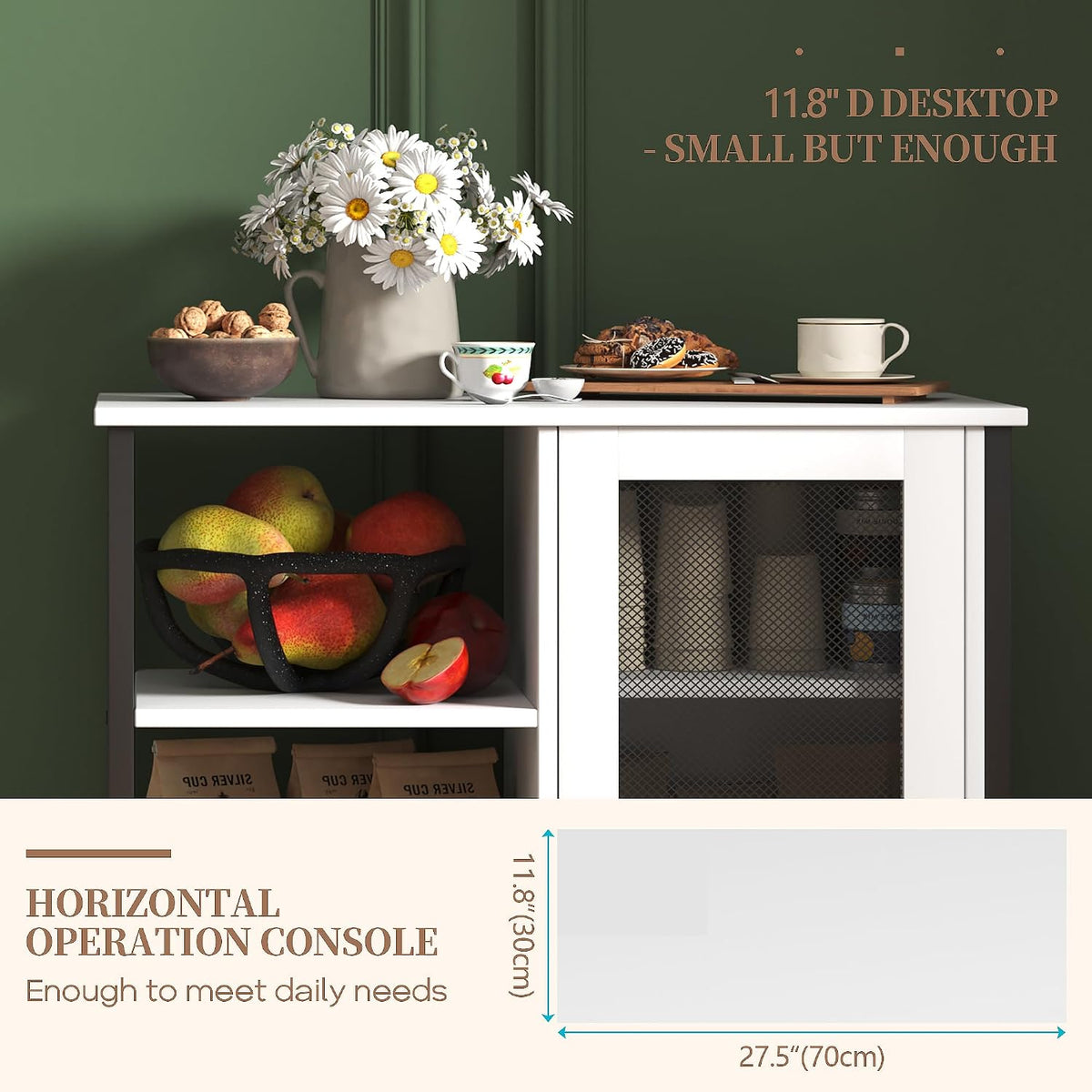 LVSOMT Coffee Bar Cabinet with Adjustable Shelves and Door, Rustic White | 27.5'' Small Coffee Station with Table, Mini Sideboard Buffet, Iron Wood Frame, 3-Tier, for Tea, Dishes, Snacks, Home Kitchen