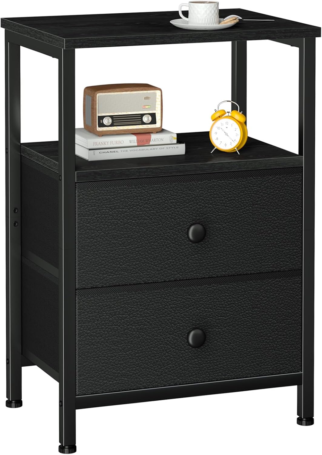 LOAKEKEL Night Stand, Black Nightstands with 2 Fabric Drawers for Bedroom | Small Bedside Table, End Tables Living Room, Bed Side Table with Open Storage Shelf