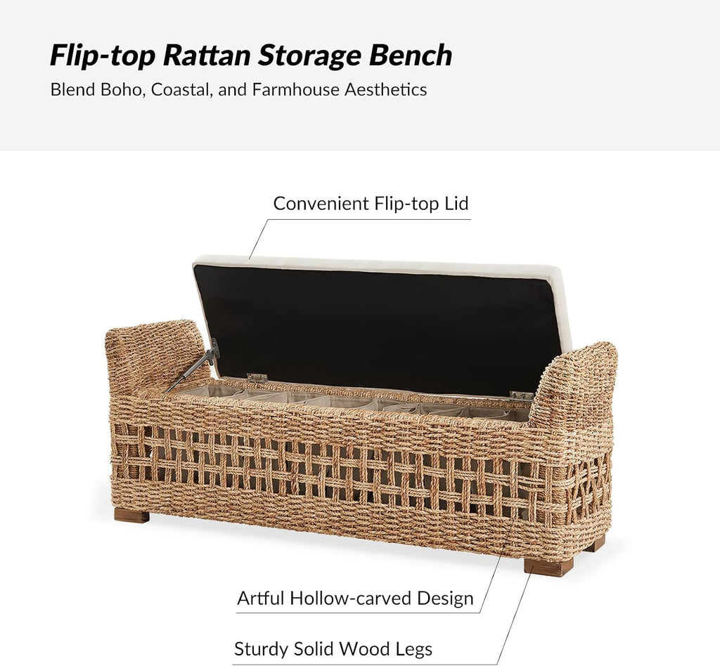 HULALA HOME 56" Rattan Storage Bench, Boho Wicker End of Bed Bench, Natural | Water Hyacinth Frame, Hollow-Carved Design, Armrests and Round Pillows, for Bedroom Entryway Living Room