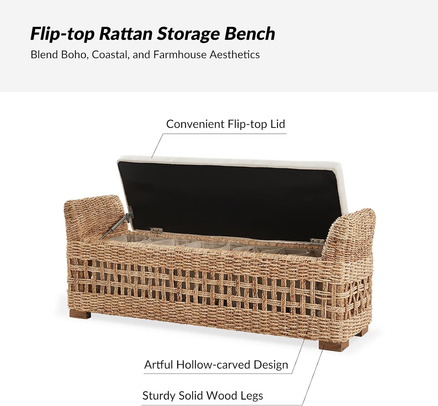 HULALA HOME 56" Rattan Storage Bench, Boho Wicker End of Bed Bench, Natural | Water Hyacinth Frame, Hollow-Carved Design, Armrests and Round Pillows, for Bedroom Entryway Living Room