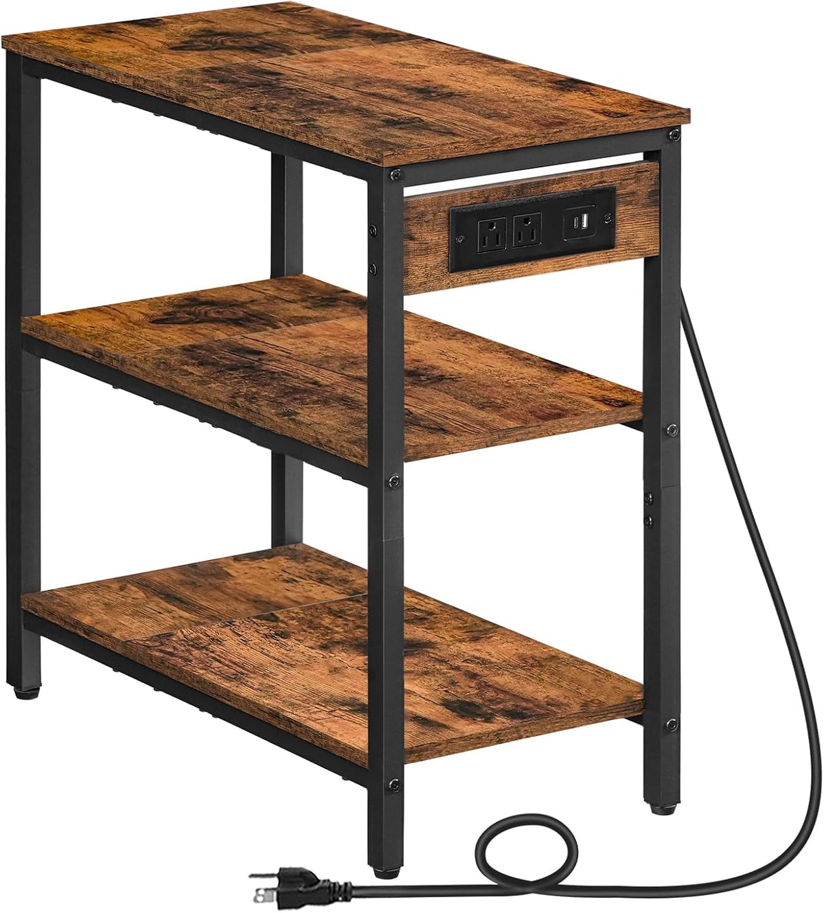 HOOBRO End Table with Charging Station, Side Table with 3 Tier Storage Shelf, Narrow Nightstand for Small Spaces, for Living Room, Bedroom, Easy Assembly, Rustic Brown and Black BF149UBZ01
