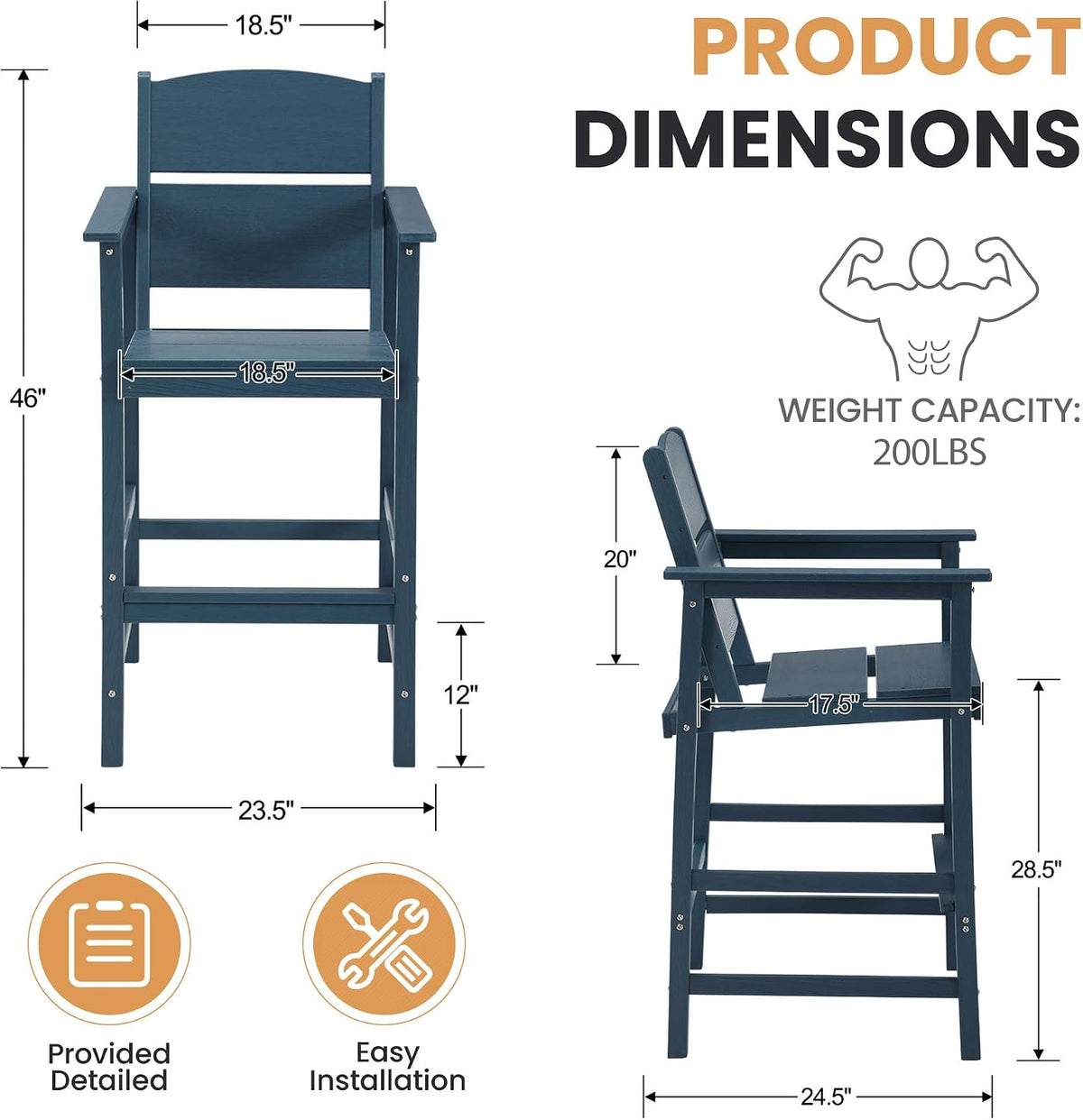6 Pack Outdoor Bar Stools, HDPE Patio Bar Chairs with Armrests & Footrest, Weather Resistant All-Weather Counter Height Chairs for Outdoor Deck, Backyard, Poolside,Blue