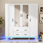 jiteentarou 4 Door Armoire Wardrobe Closet Cabinet with Drawers and LED Lights, Multi-Tier Shelves, Hanging Rod & 4 Louver Doors, Large Capacity Storage Wardrobe Armoire for Bedroom(4 Doors White)