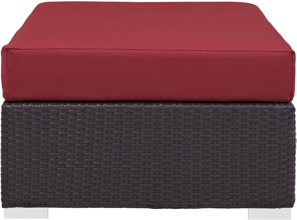 BOWERY HILL Rectangle Fabric Rattan Patio Ottoman, Espresso Finish with Red Cushions, Water and UV Resistant, Adjustable Height, Outdoor Patio Furniture for Backyard or Poolside Use