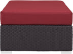 BOWERY HILL Rectangle Fabric Rattan Patio Ottoman, Espresso Finish with Red Cushions, Water and UV Resistant, Adjustable Height, Outdoor Patio Furniture for Backyard or Poolside Use