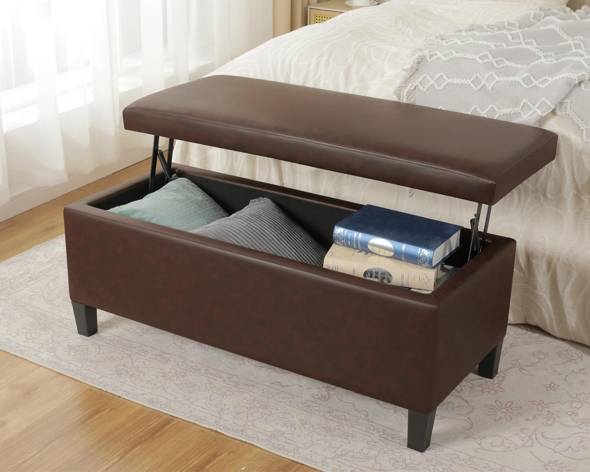 Adeco 42" Storage Leather Bench for Living Room – Black & Red Two-Tone End of Bed Storage Bench, Multi-Functional Top-Lift Coffee Table Ottoman with Storage for Bedroom or Entryway