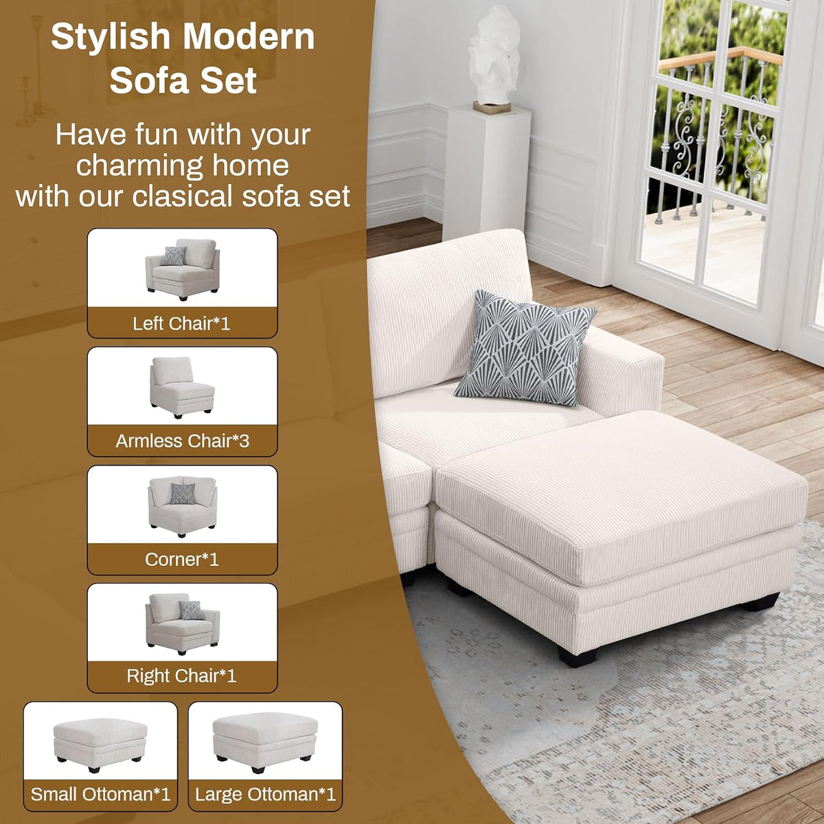 Legend Vansen Oversized Modular Sectional Sofa,U/L-Shaped Corduroy Couch with Ottoman,Deep Seat & Removable Cushion,Easy Assembly for Living Room Apartment