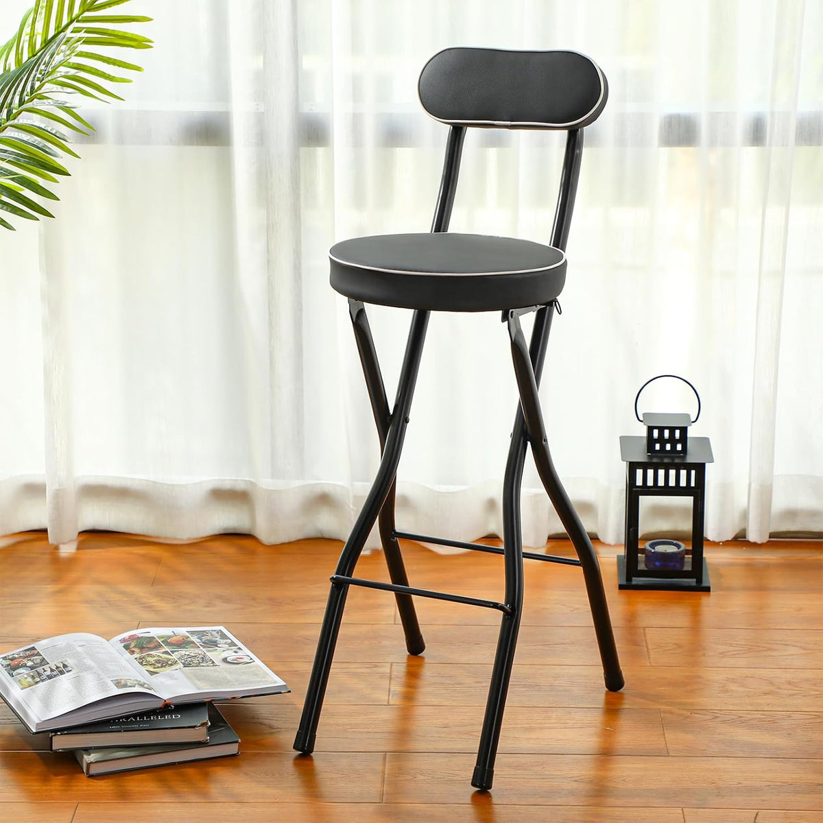Thyle 1 Pcs 27.5 Inch Folding Bar Stool with Backrest Tall Foldable Stool Chair with Cushioned Padded Portable Collapsible Counter Height Chair for Kitchen Island Shop Cafe Dining Room