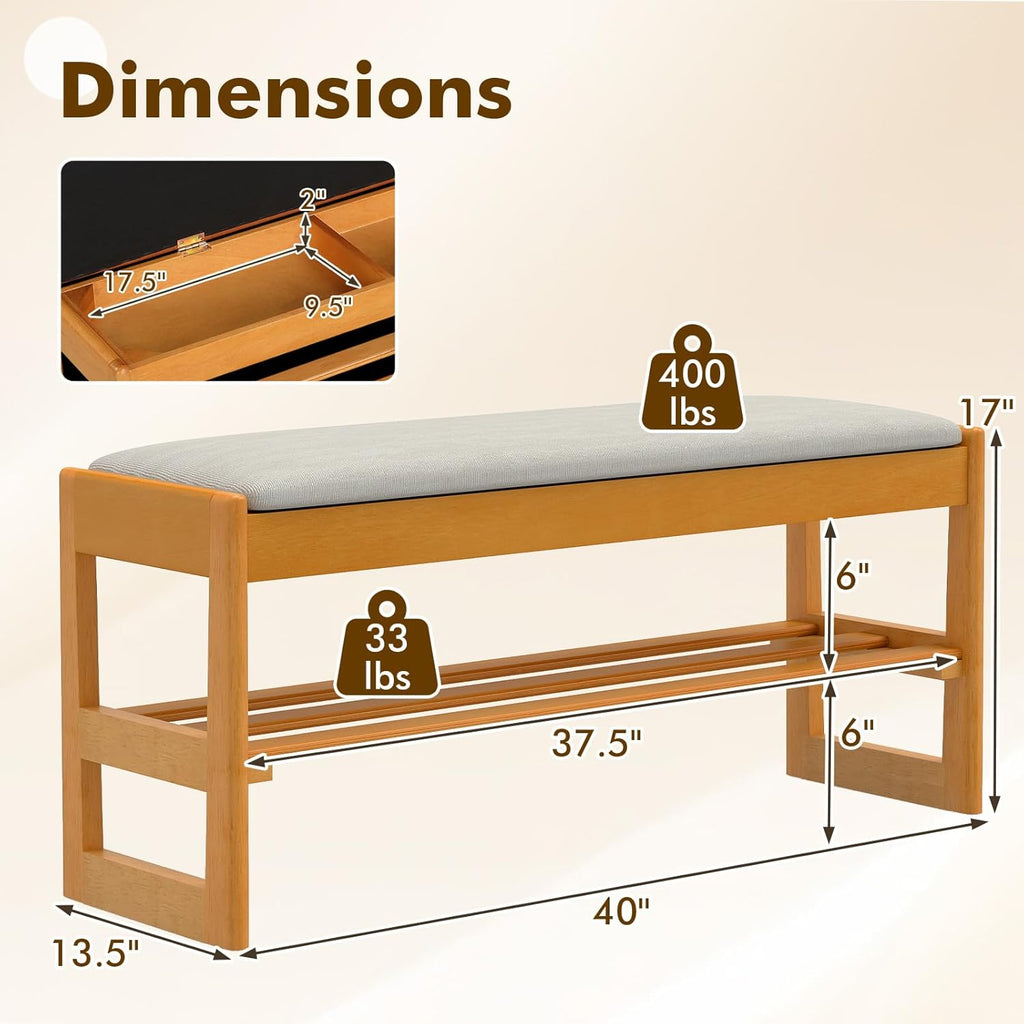 Giantex Shoe Rack Bench with Storage, Rubberwood Entryway Bench with Linen Seat Cushion, Flip-Open Storage, 2-Tier Modern Shoe Rack Organizer for Entryway, Living Room, Bedroom (Beige)