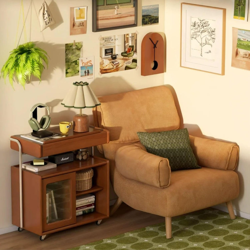 Solid Wood Storage Cabinet with Wheels, Lift Side Table with Adjustable Angled Countertop, Removable End Tables Storage Shelves for Living Room and Bedroom