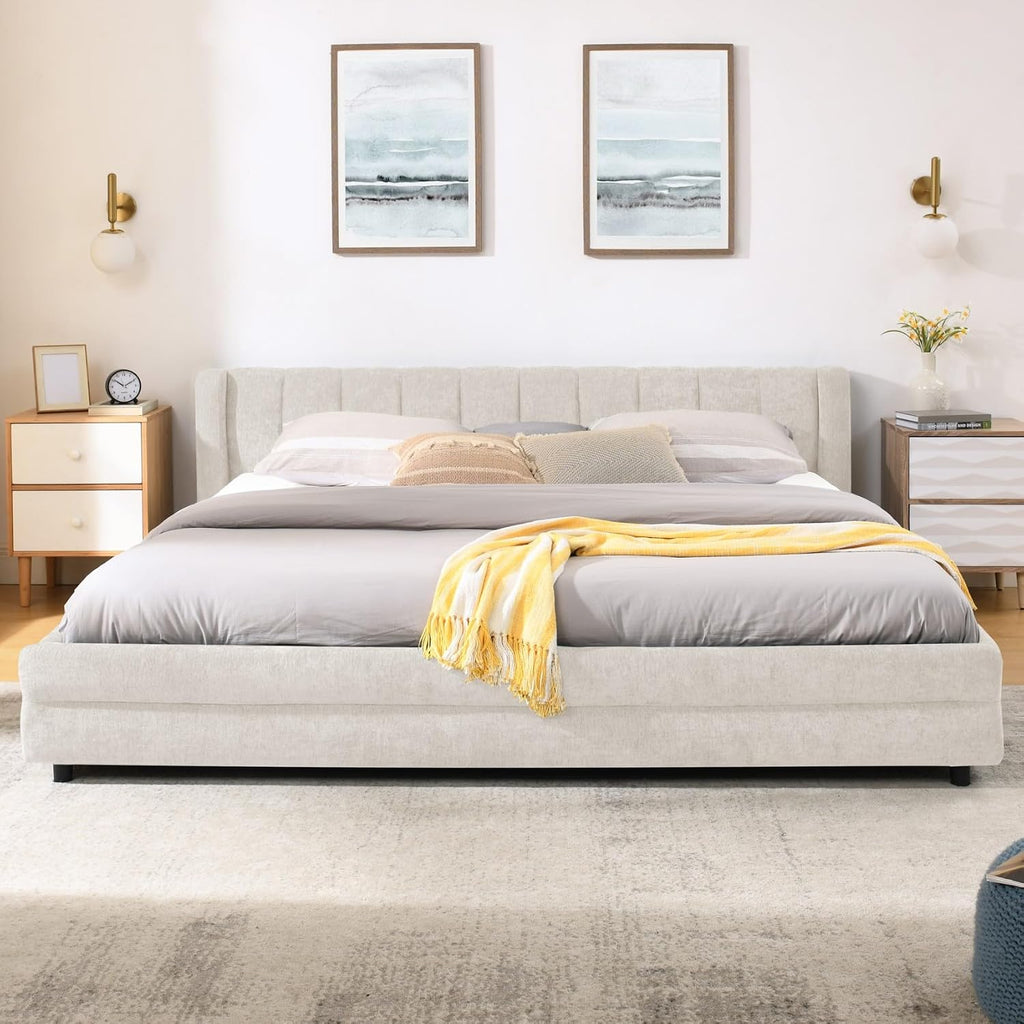 KEIKI Thick Chenille King Bed Frame with 4 Storage Drawer & Upholstered Tufted Cushioned Headboard, Modern Solid Wood Floor Platform Cloud Bed Frame for Bedroom, No Box Spring Needed, Beige