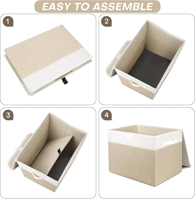 Large 22 Quart Linen Fabric Foldable Storage Bin Cube Organizer Basket with Flip-Top Lid & Handles, Clothes Blanket Box for Home, Office, Closet, Beige & White, 4 Pack 14.6 x 9.5 x 9.5”