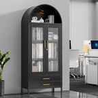 73" Tall Display Cabinet with Glass Doors and 2 Drawers, Metal Arched Cabinet with 2 Adjustable Shelves & Lock, Freestanding Curio Storage Cabinet for Home, Assembly Required, Black