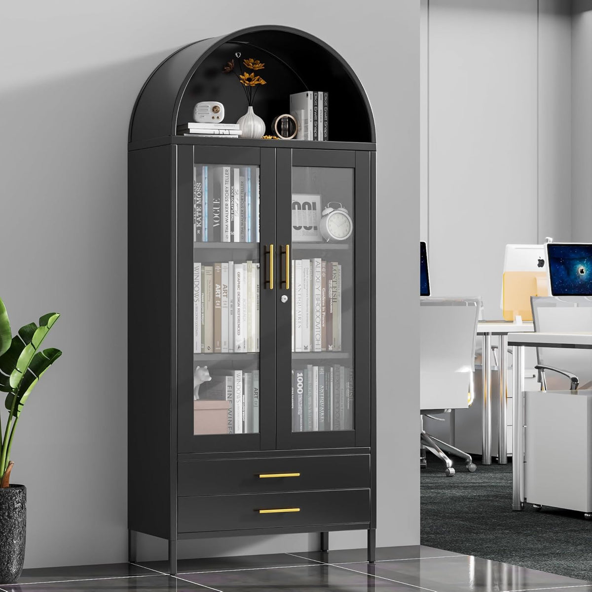 73" Tall Display Cabinet with Glass Doors and 2 Drawers, Metal Arched Cabinet with 2 Adjustable Shelves & Lock, Freestanding Curio Storage Cabinet for Home, Assembly Required, Black