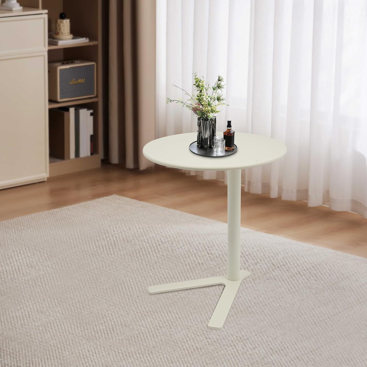 Round Side Table, Small C Shaped End Table, Couch Side Table, Modern Coffee Table, Bedside Snack Table with Y Shaped for Living Room Bedroom Office Apartment (White, 18.9x22in)