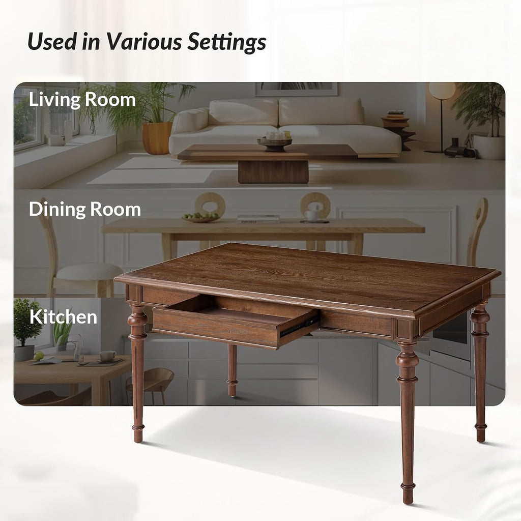 HULALA HOME 60" Farmhouse Solid Wood Dining Room Table for 6 with Drawers, Traditional Kitchen Wooden Table with Spindle Legs, Walnut