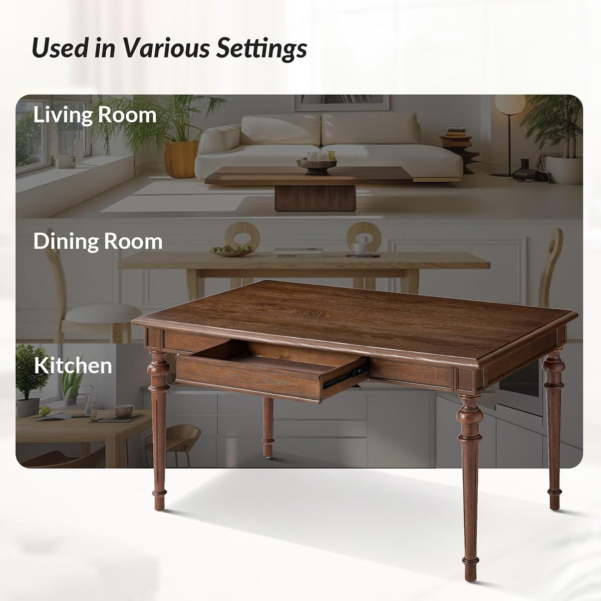 HULALA HOME 60" Farmhouse Solid Wood Dining Room Table for 6 with Drawers, Traditional Kitchen Wooden Table with Spindle Legs, Walnut