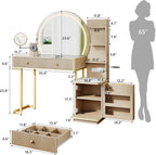 Einhomn Vanity Desk w/5x Magnifying Mirror, Fluted Makeup Vanity w/Mirror and Lights, Glass Top Vanity, Dressing Table w/Power Outlet & Drawers, Adjustable Shelves for Bedroom, Women & Girls, Natural