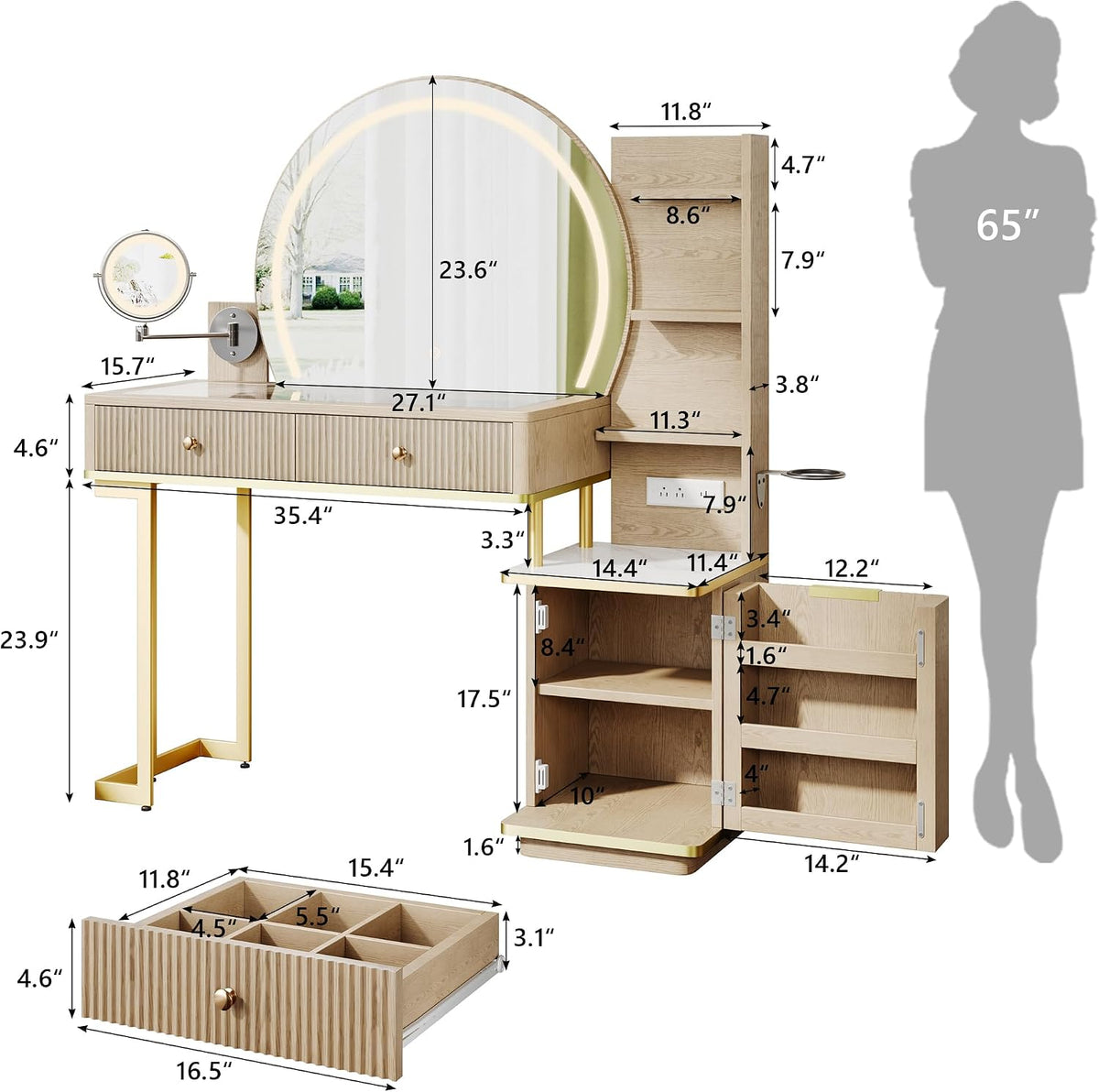 Einhomn Vanity Desk w/5x Magnifying Mirror, Fluted Makeup Vanity w/Mirror and Lights, Glass Top Vanity, Dressing Table w/Power Outlet & Drawers, Adjustable Shelves for Bedroom, Women & Girls, Natural