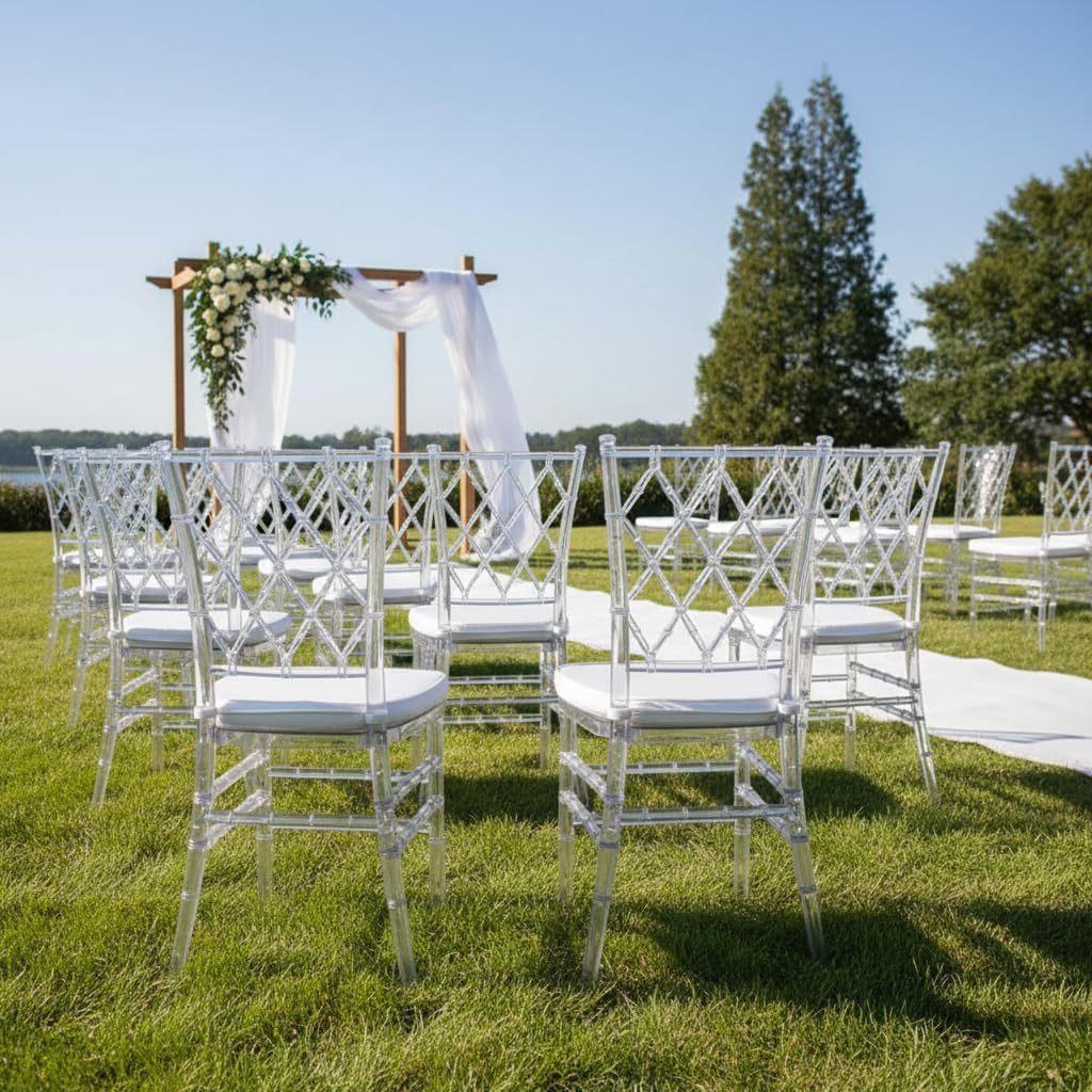 FOHFurniture Set of 3 Clear Acrylic Chiavari Chairs with Cushions, Fully Assembled Transparent Crystal Dining Chair, Accent Event Ghost Chairs for Wedding Event Reception (Clear(Grid))