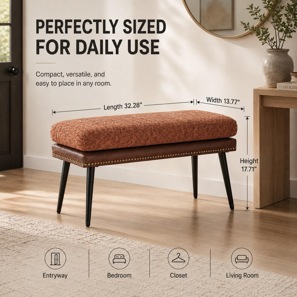 Forteek 32" Retro Upholstered Entryway Bench, Shoe Bench with Cushion | Leather & Fabric Padded Bench, End of Bed Bench for Bedroom, Dining Bench for Living Room, Storage Bench for Hallway & Foyer