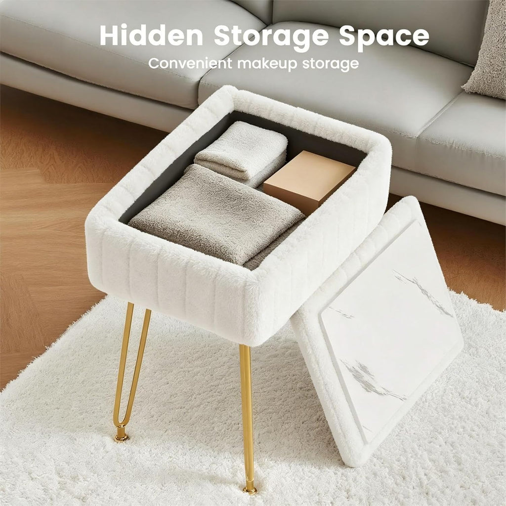 FUXA Vanity Stool Chair with Storage, Faux Fur and Metal Legs, White | Soft Padded Seat, Anti-Slip Adjustable Feet, Modern Style, Multifunctional for Bedroom and Entryway