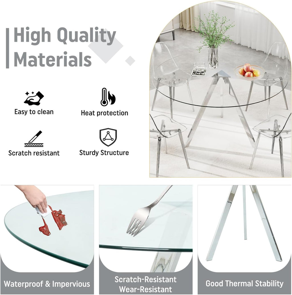 Round Dining Table Set for 6, 47" Clear Tempered Glass Table with Sliver Metal Legs and 6 Transparent Acrylic Chairs, Compact Modern Kitchen Table Set for Small Space Dining Room (Sliver)