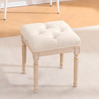 French Style Vanity Stool, Linen Fabric Upholstered Tufted Bathroom Makeup Stool with Brushed Wood Legs, 350lbs Weight Capacity, Foam & Solid Wood Frame, 15.8"x15.8"x17.7" (Beige)