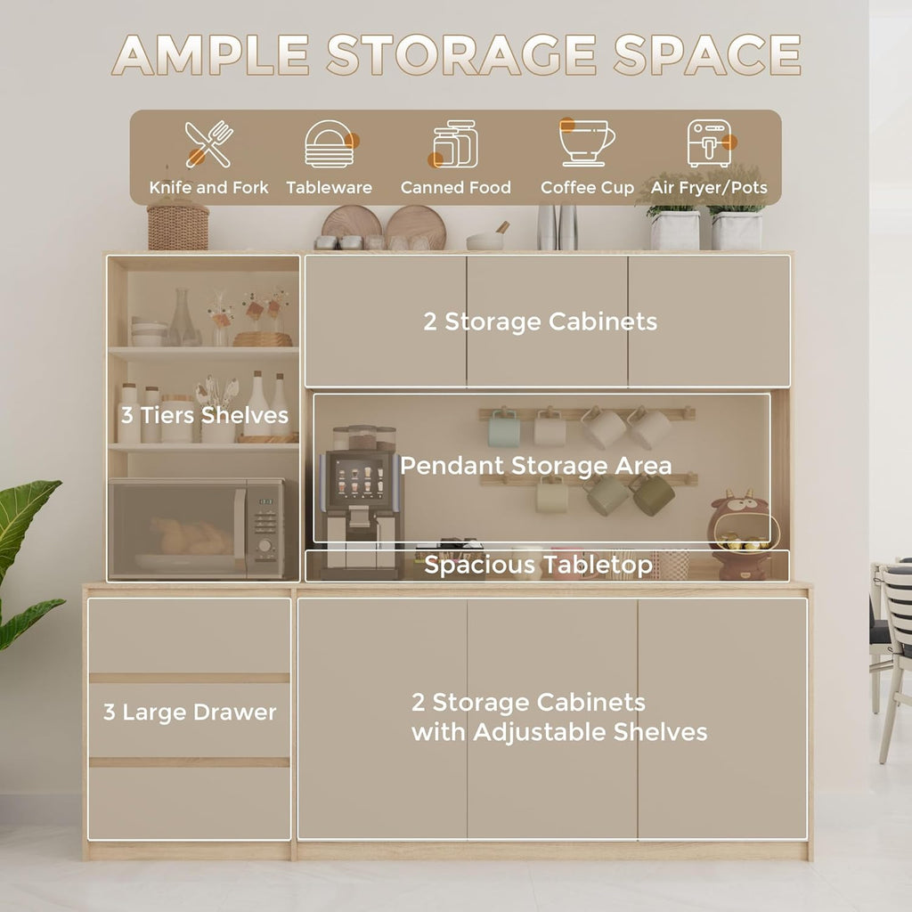Bobve Large Kitchen Hutch Cabinet with Microwave Stand, Storage Cupboard Pantry with 3-Tier External Shelves and 3 Drawers, Ktichen Food Pantry with Open Countertop for Dining Room, White + Walnut