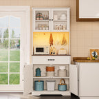 Gizoon 71" H Pantry Cabinet with Strip Light, Drawers | Coffee Bar with Doors, White Kitchen Hutch with Charging Station and Adjustable Shelves, for Dining Room, Table Top-Retro