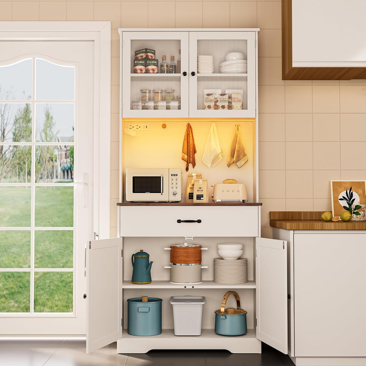 Gizoon 71" H Pantry Cabinet with Strip Light, Drawers | Coffee Bar with Doors, White Kitchen Hutch with Charging Station and Adjustable Shelves, for Dining Room, Table Top-Retro