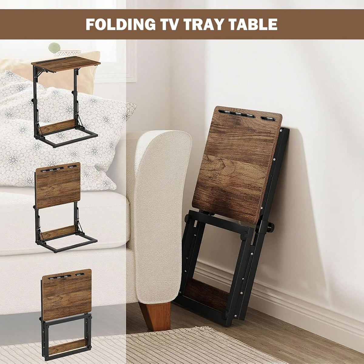 Folding TV Trays Set of 2 , Adjustable Height TV Trays for Eating on Couch | TV dinner tray table with tablet&phone slots,c shaped end table,laptop desk for sofa,bedside,recliner,dining,working,gaming